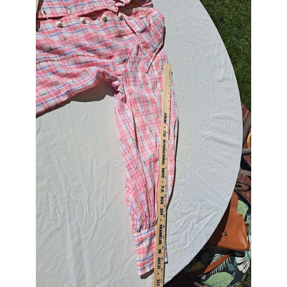 Vintage 70's Pink Plaid Button-Up Blouse Floral Print Puff Sleeves Handmade - Picture 10 of 11